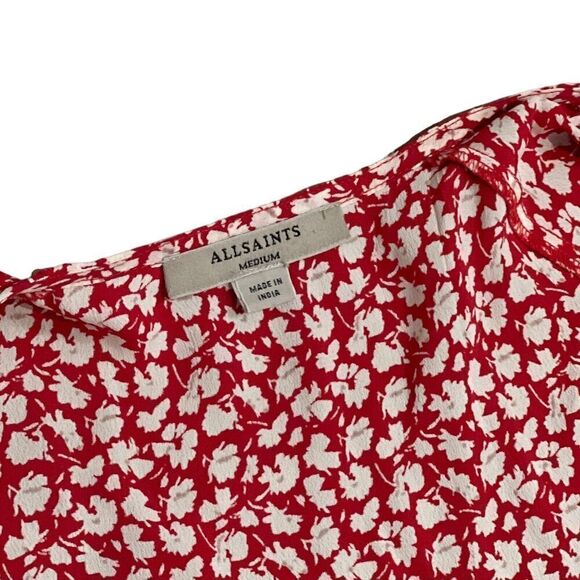 All Saints Dress Women’s Medium Red Floral Krystal True Wrap Mini Ruffle V Neck - Picture 3 of 12